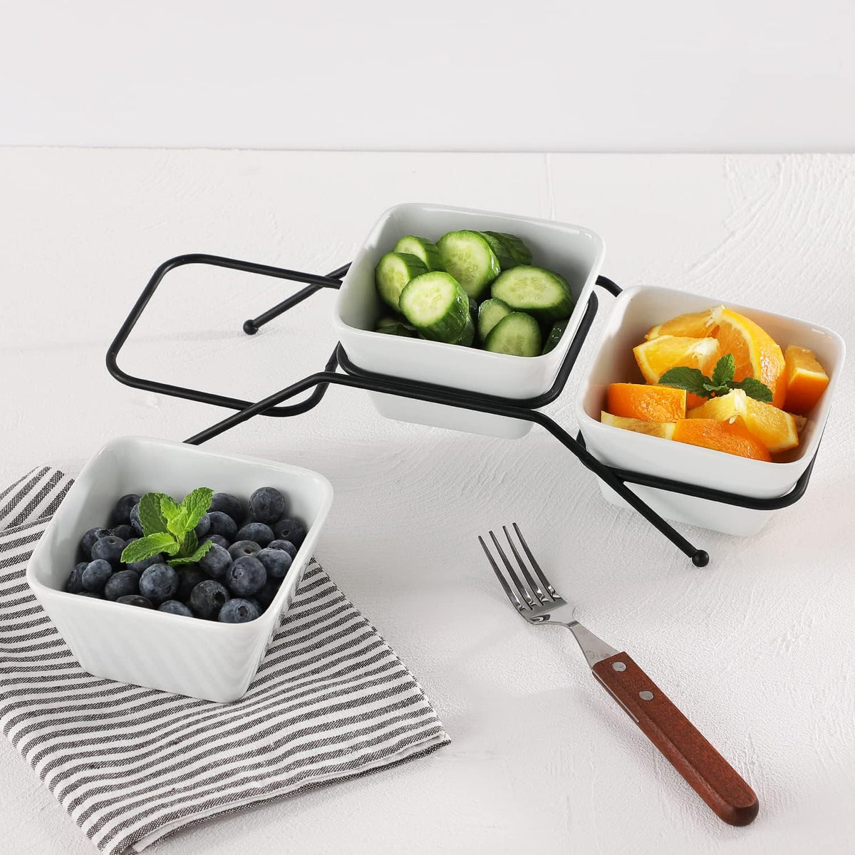 Buyajuju 3 pcs square bowl Porcelain Chip & Dip Serving Set With Black Metal Stand,4.5 inch White Small Serving Bowls for Side Dishes, Salsa, Appetizer, Serving Dishes for Entertaining 11.5 OZ