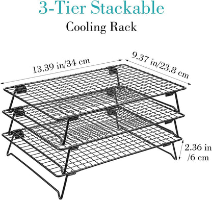 Kifmurase 3PCS Stackable Cooling Rack for Baking, 13.3 x 9.3 Inch Carbon Steel Wire Rack with Folding Legs for Cookie Cake Pizza Jerky, Multi-Use Bread Oven Racks for Cooking Roasting Drying Grilling