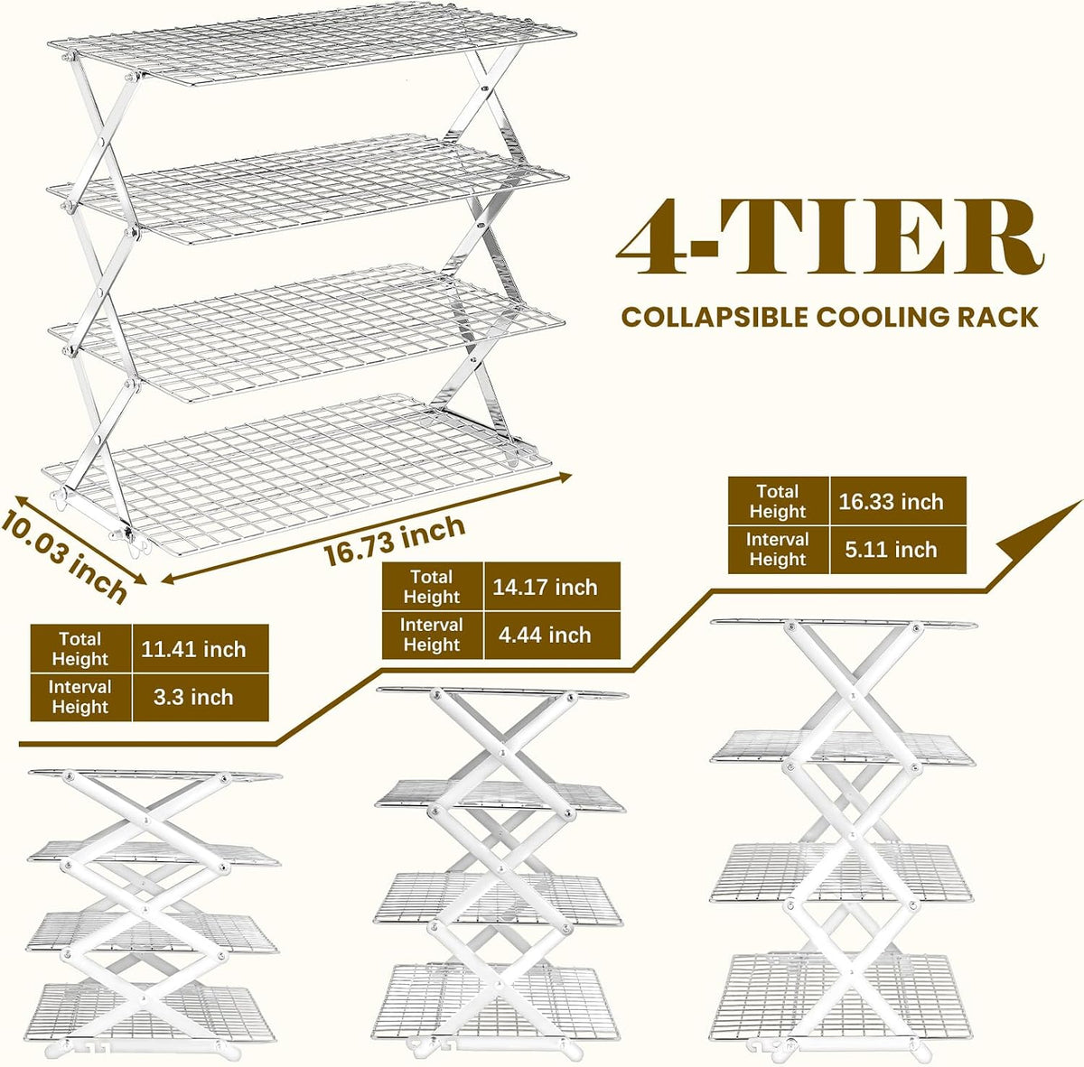 BEWOS 4 Tier Collapsible Cooling Rack - Adjustable Stainless Steel Baking Rack with Leak-Proof Mesh, X-Shaped Structure Cooling Rack for Cooking and Baking, Dishwasher Safe