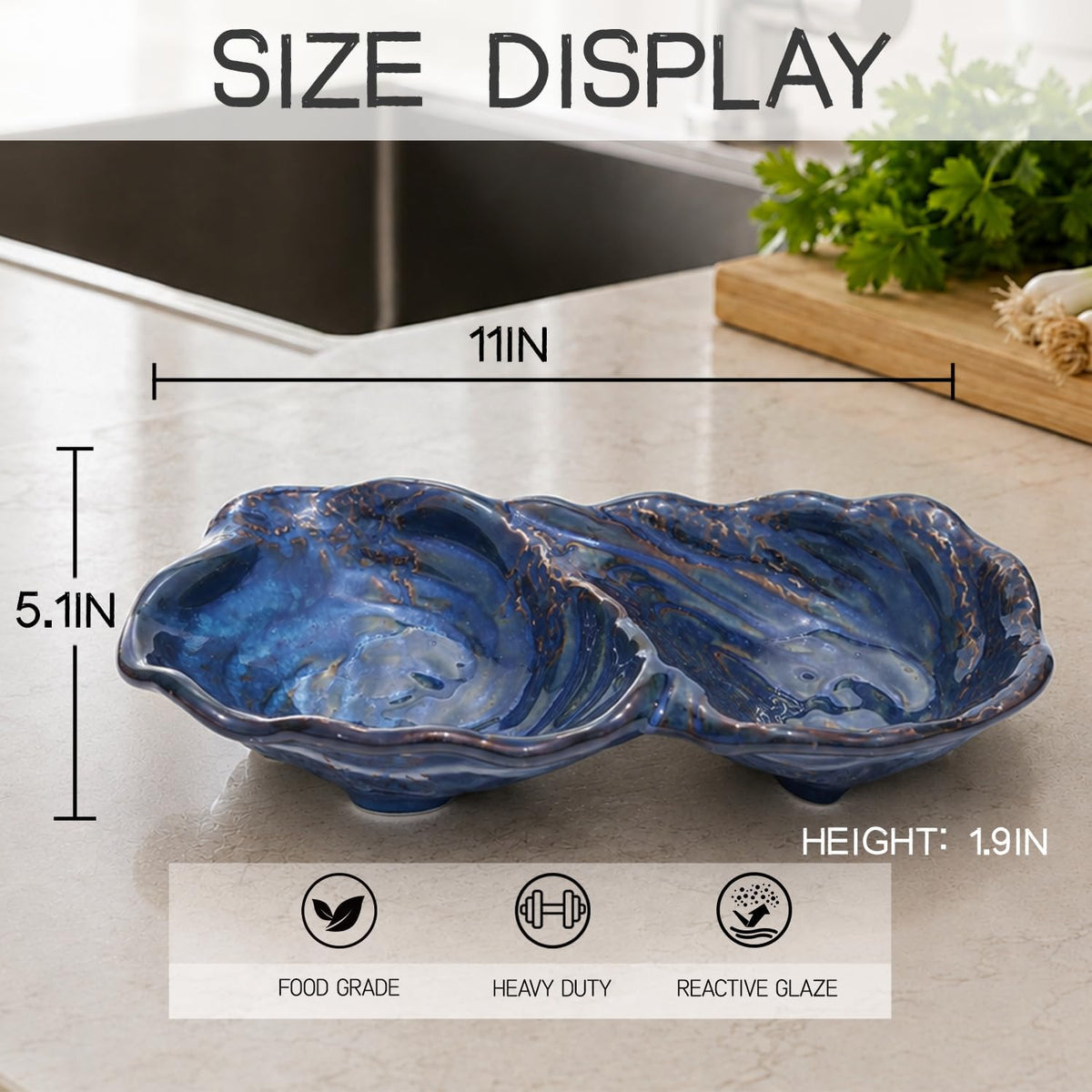 11-Inch Ceramic Divided Serving Bowl, 2-Compartment Appetizer Dish Blue