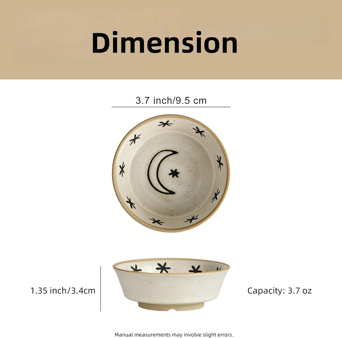 Stoneware Dipping Sauce Side Dishes Set of 4-3.7" Rustic Condiment Bowls - Handcrafted Ceramic Appetizer Plates for Sushi Soy, Charcuterie,Snack, Cheese Boards(Moon)