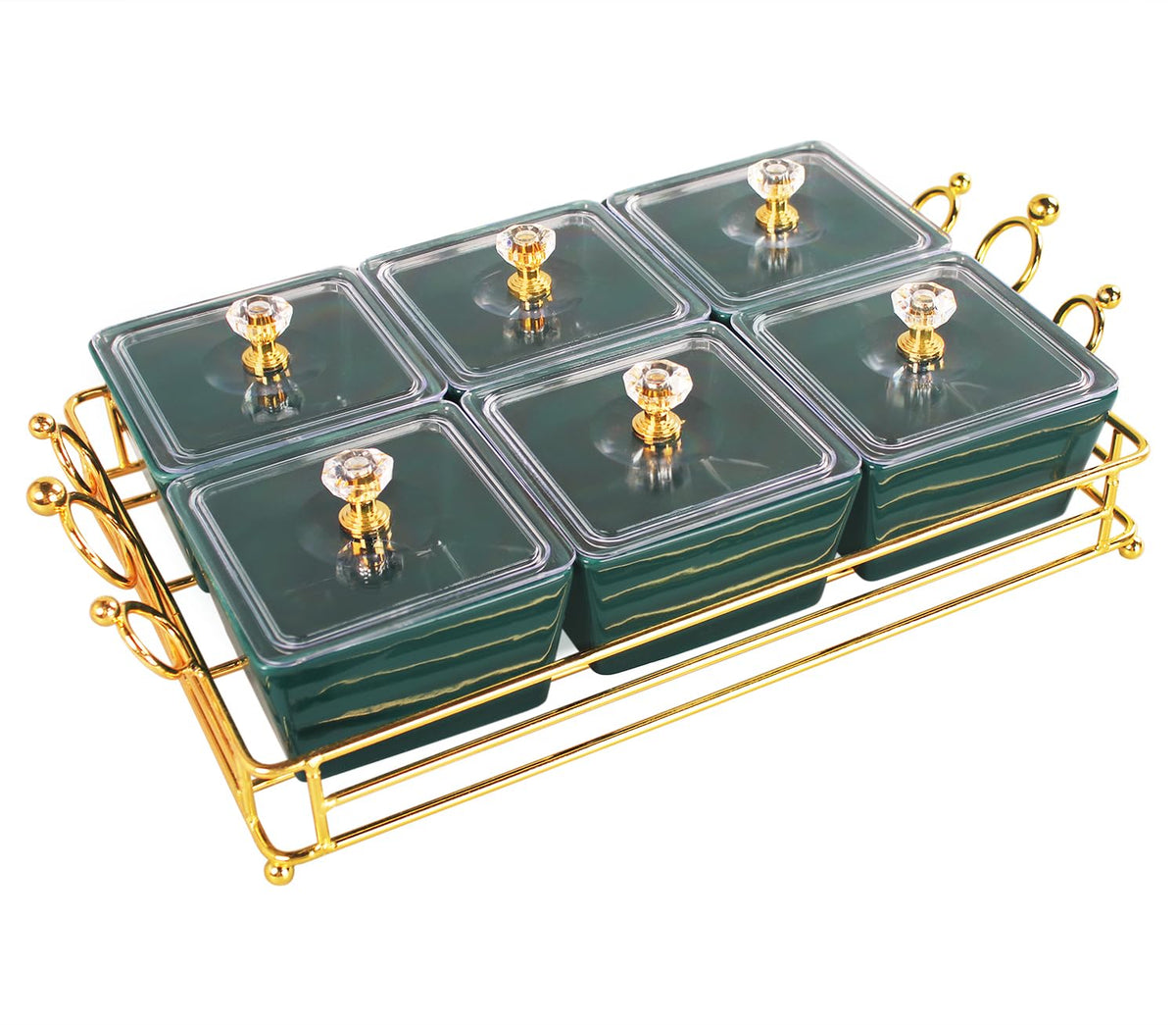 YA JU Ceramic Bowls and with Lid Gold Basket Trays, 3 Removable Small Bowls Condiment Trays Nut Serving Set for Snacks, Fruits, Candy and Condiments - Great for Parties, Holiday Gifts, White