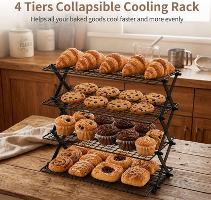4-Tier Collapsible Cooling Rack, Cooling Rack for Baking, Cookie Rack, Outdoor Camping Food Shelf, Heavy Duty, Ideal for Cake, Bread, Cookies, Barbecue