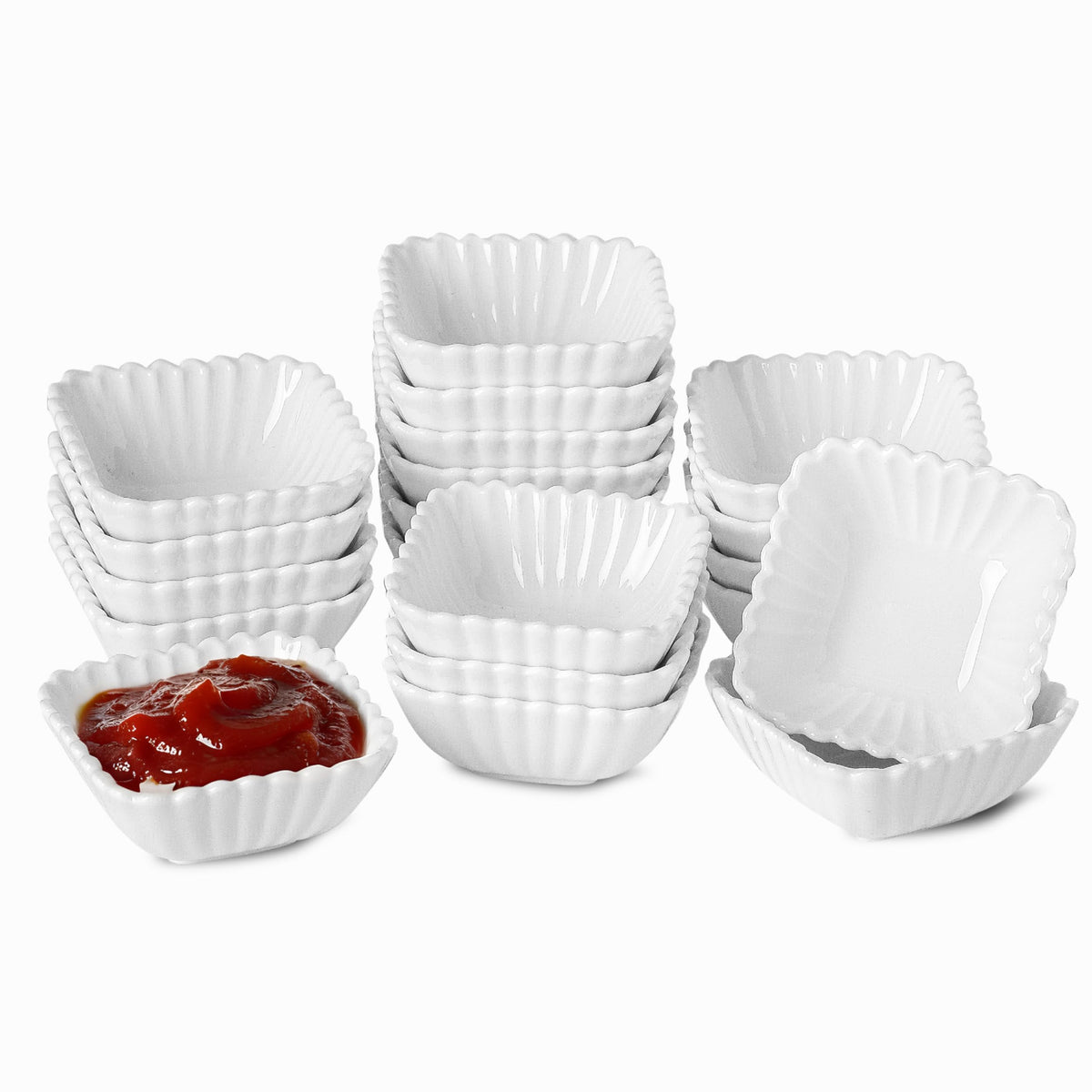 UIBFCWN 20Pack Ceramic Dip Bowls Set, 2.3oz White Dipping Sauce Bowls/Dishes for Tomato Sauce, Soy Sauce Dish, Square Side Dishes, Mini Appetizer Plates for Condiment