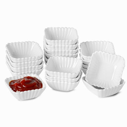 UIBFCWN 20Pack Ceramic Dip Bowls Set, 2.3oz White Dipping Sauce Bowls/Dishes for Tomato Sauce, Soy Sauce Dish, Square Side Dishes, Mini Appetizer Plates for Condiment