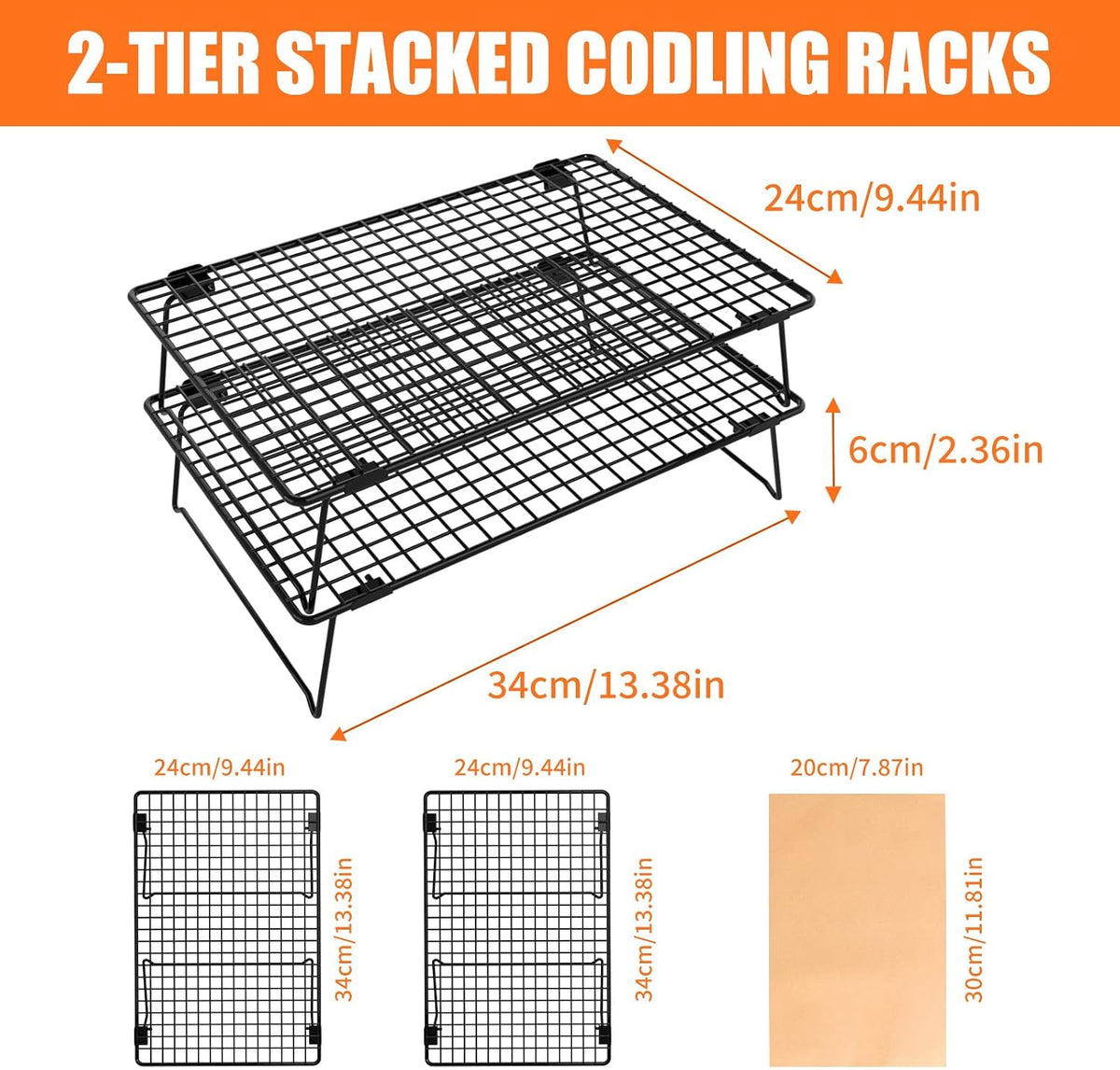 2-Tier Baking Cooling Rack with Legs, 13"x 9" w/50 Parchment Paper