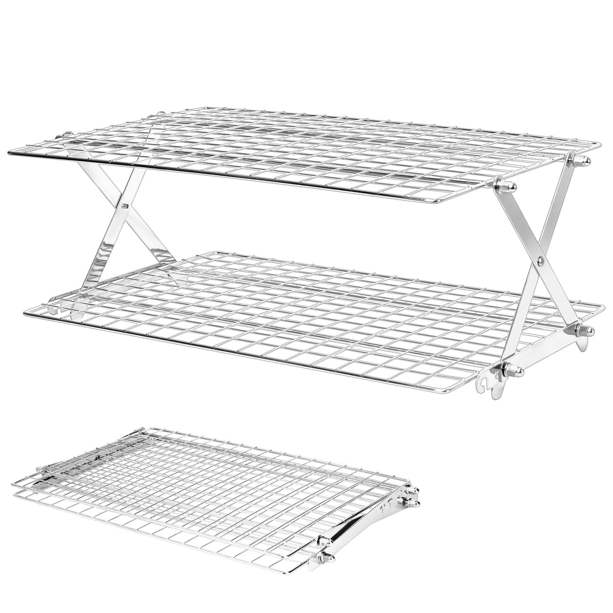 BEWOS 4 Tier Collapsible Cooling Rack - Adjustable Stainless Steel Baking Rack with Leak-Proof Mesh, X-Shaped Structure Cooling Rack for Cooking and Baking, Dishwasher Safe