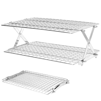 BEWOS 4 Tier Collapsible Cooling Rack - Adjustable Stainless Steel Baking Rack with Leak-Proof Mesh, X-Shaped Structure Cooling Rack for Cooking and Baking, Dishwasher Safe