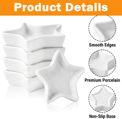 6 Pack Star Shaped Dipping Bowls, 3.7 Inch White Soy Sauce Dishes