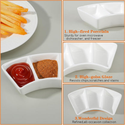 6 Pcs Ceramic Serving Bowls, 3 Compartment Dipping Sauce Dishes for Appetizers, Snacks, Fruit, Candy, Veggies, 5.9 x 1.4 Inches, White