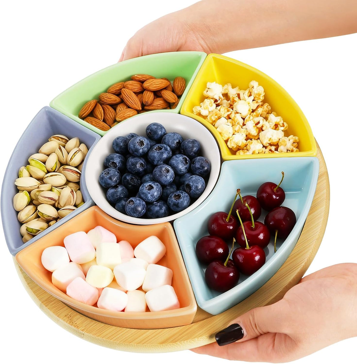 AVLA 11" Ceramic Divided Serving Dishes, Lazy Susan Party Appetizer Platter, 6 Removable Snack Bowl with Rotatable Bamboo Tray, Porcelain Relish Tray for Chips and Dips, Candy, Nut, Condiment, Veggie