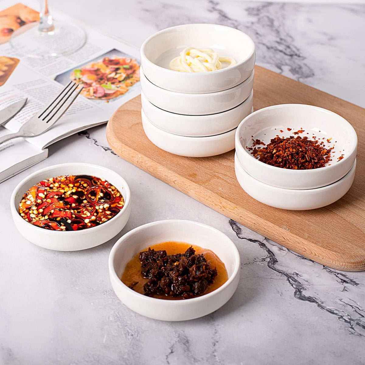 DELLING 3.5 oz Dipping Bowls Set of 8, Porcelain Sauce Cups - Charcuterie Cups for Condiment, Soy Sauce, Ketchup - Microwave & Dishwasher Safe Small Bowls, White