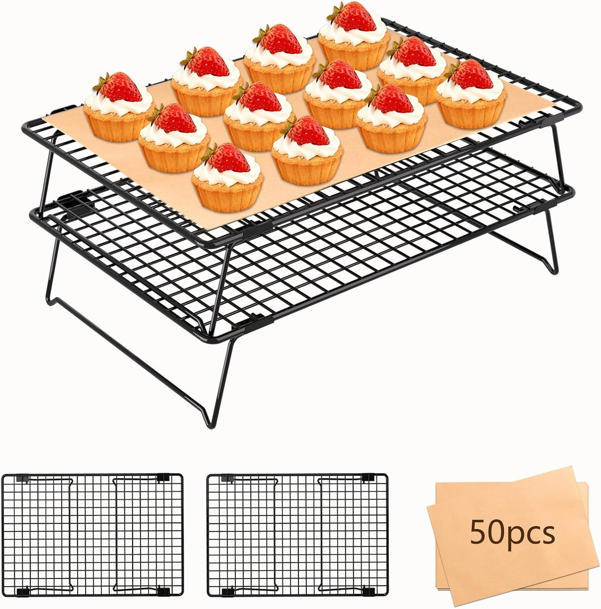 2-Tier Baking Cooling Rack with Legs, 13"x 9" w/50 Parchment Paper
