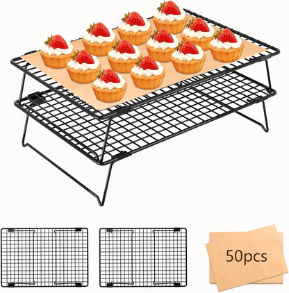 2-Tier Baking Cooling Rack with Legs, 13"x 9" w/50 Parchment Paper