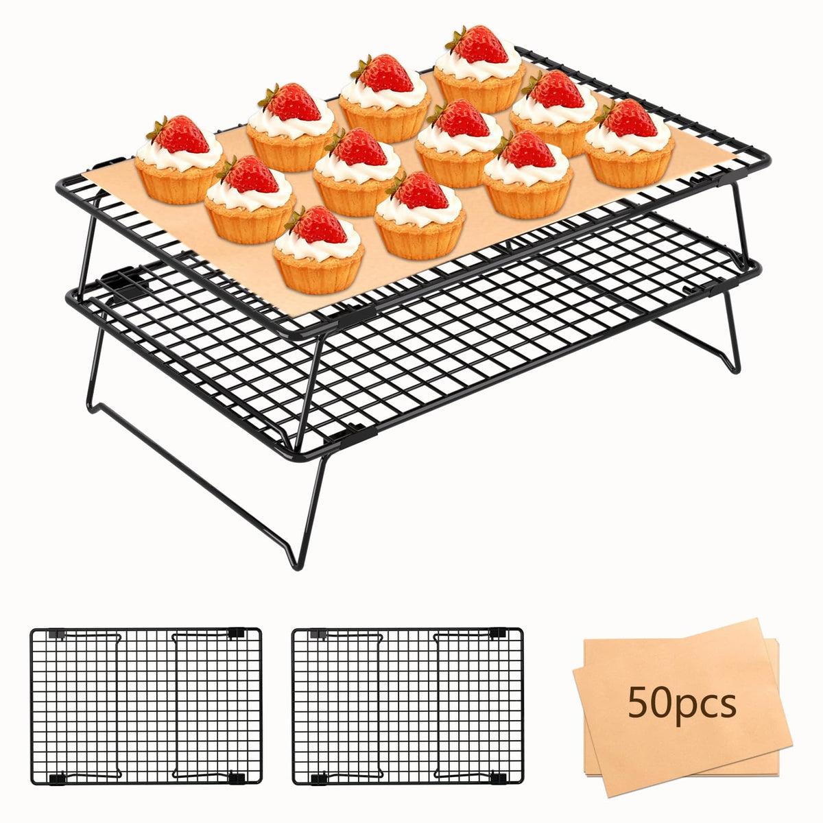 2-Tier Baking Cooling Rack with Legs, 13"x 9" w/50 Parchment Paper