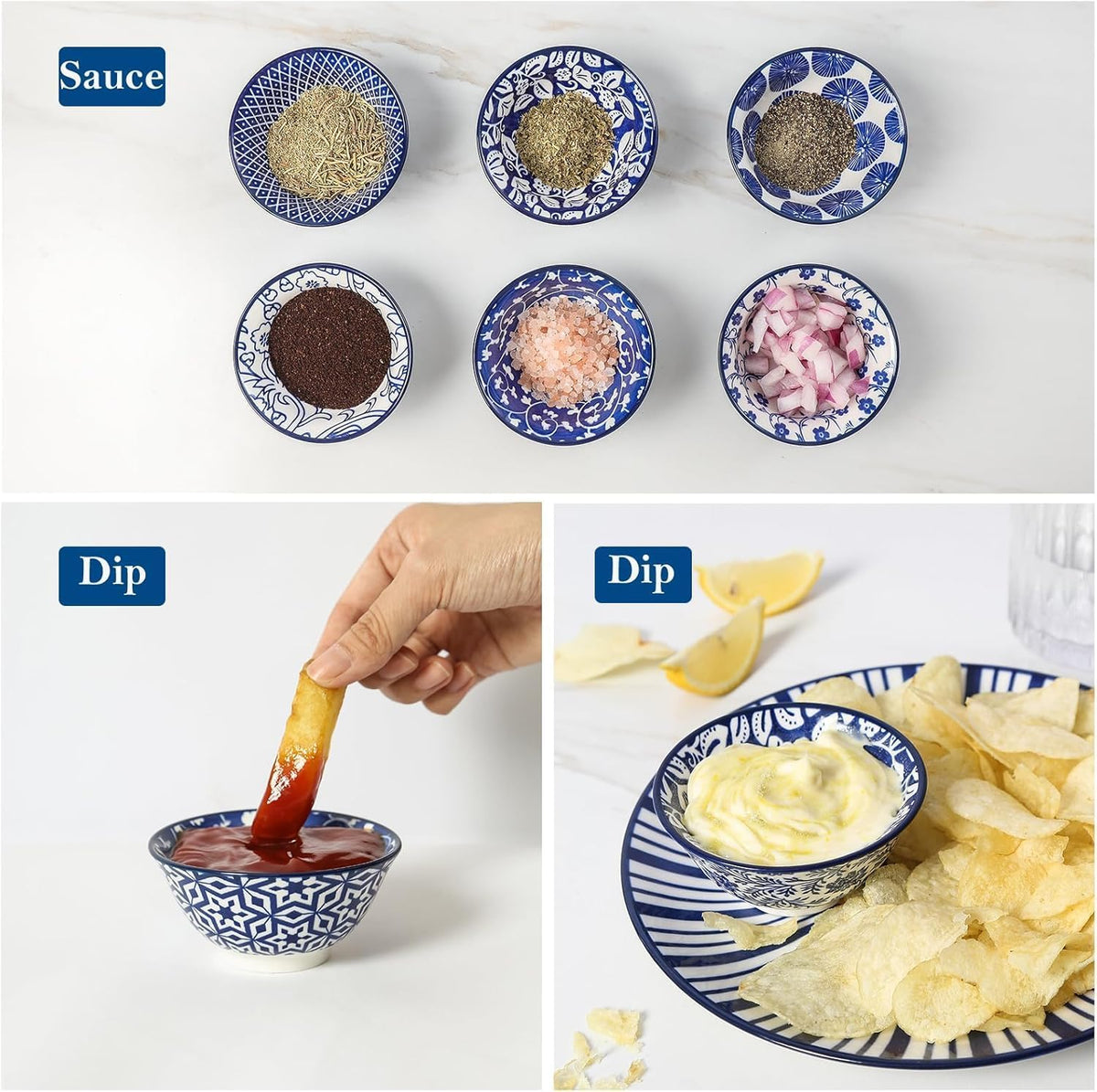 Selamica Ceramic 4 oz Dipping Bowls for Side Dishes, Set of 6, Vintage Blue
