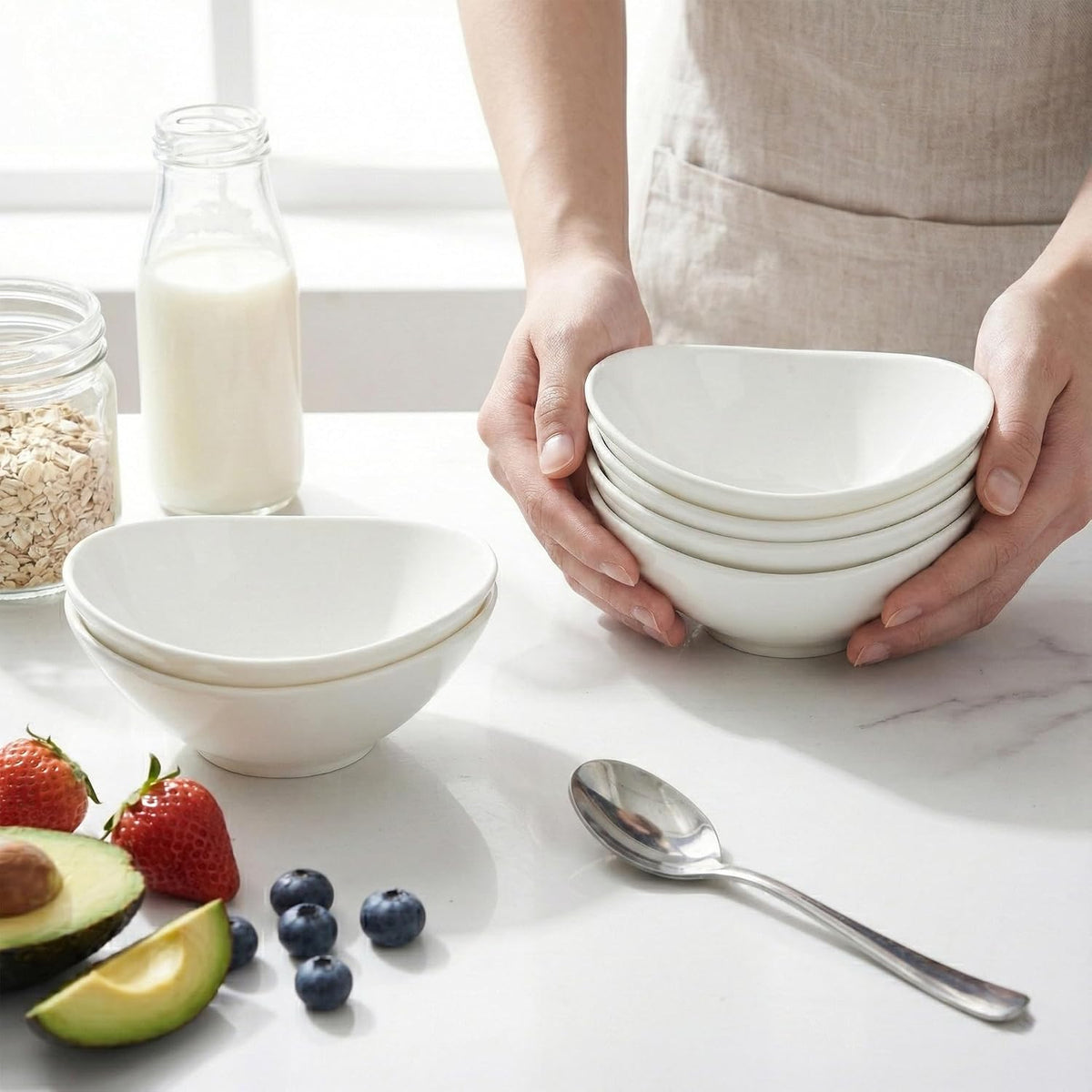 fMBB 6 oz Small White Ceramic Bowls - Set of 6 Dipping, Sauce, Salsa & Snack Bowls, Mini Ceramic Bowls for Condiments Charcuterie Pudding Creme Brulee Ketchup Vinegar Ice Cream