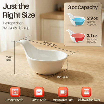Flexzion Small Dipping Bowls with Handles, Ceramic White, 3 oz, 6-Pack