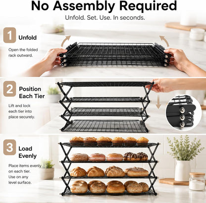 4-Tier Collapsible Cooling Rack with Adjustable 3 Setting Design Stackable Drying Wire Cooling Rack for Cooking and Baking, Roasting ＆ Grilling Gifts for Picnic Party, 2/3/4-Tier Upgraded