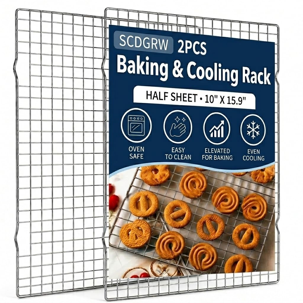 Cooling Rack Set of 2, 10" x 16" No Warp Heavy Duty Stainless Steel Baking Rack - Fits Jelly Roll Cookie Sheet Pan, Oven Safe 575°F, for Baking, Roasting & Dehydrating, Dishwasher Safe