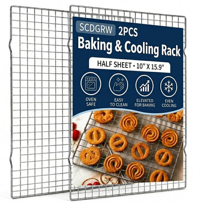 Cooling Rack Set of 2, 10" x 16" No Warp Heavy Duty Stainless Steel Baking Rack - Fits Jelly Roll Cookie Sheet Pan, Oven Safe 575°F, for Baking, Roasting & Dehydrating, Dishwasher Safe