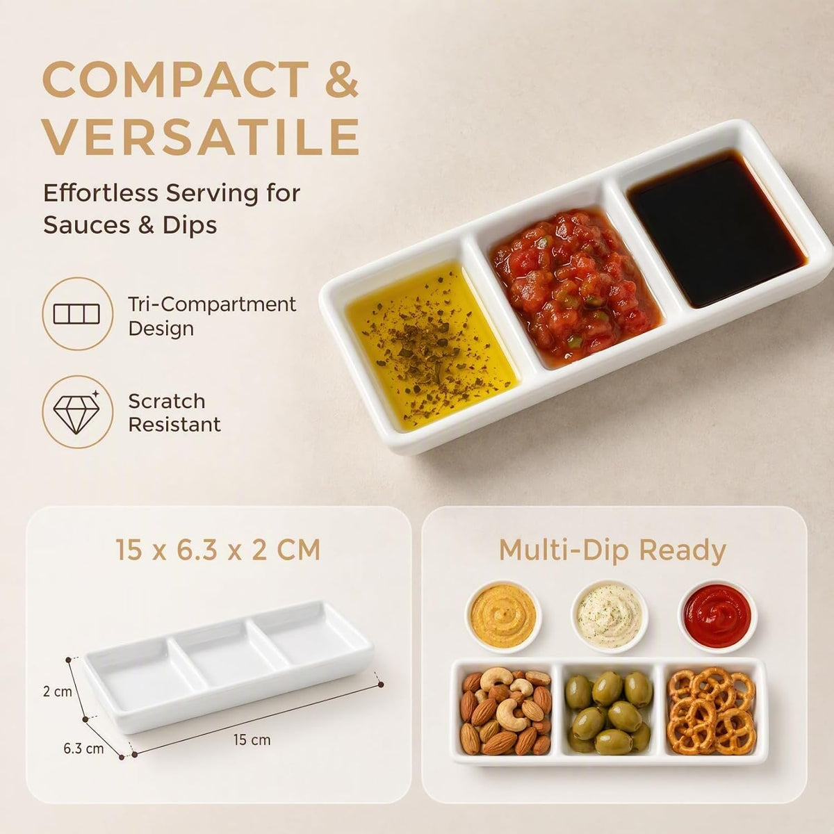 DOITOOL 6 Inch Mini 3 Compartment Appetizer Serving Tray White Ceramic Rectangular Divided Sauce Dishes Chips Dip Sauce Dishes for 14.8 x 6 x 2 cm