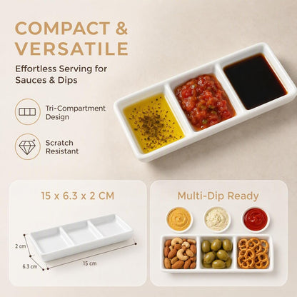 DOITOOL 6 Inch Mini 3 Compartment Appetizer Serving Tray White Ceramic Rectangular Divided Sauce Dishes Chips Dip Sauce Dishes for 14.8 x 6 x 2 cm