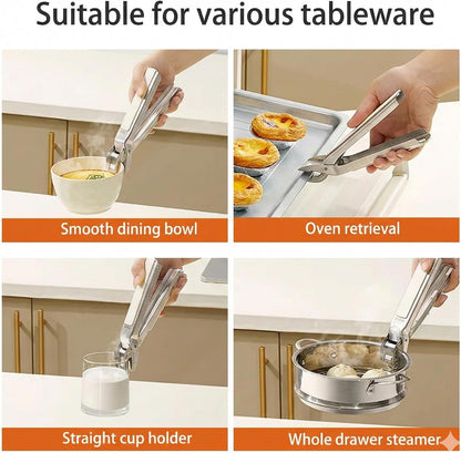Heavy Duty Stainless Steel Hot Plate Gripper Tongs with Non-Slip Silicone Pads | Multi-Angle Anti-Scald Pan Grabber | Microwaves & Air Fryer Accessories | Rust, Heat Resistant Clamp (White)