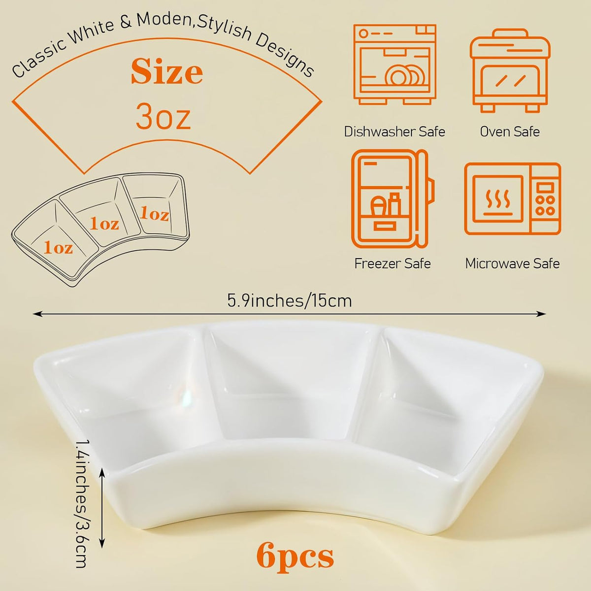 6 Pcs Ceramic Serving Bowls, 3 Compartment Dipping Sauce Dishes for Appetizers, Snacks, Fruit, Candy, Veggies, 5.9 x 1.4 Inches, White