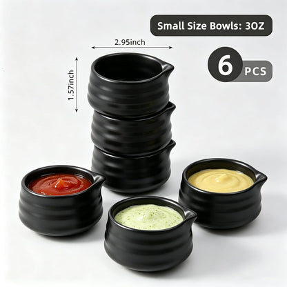 Ceramic Small Sauce Bowls with Spout, Matt Black, 3OZ, Set of 6