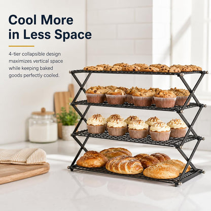 4-Tier Collapsible Cooling Rack with Adjustable 3 Setting Design Stackable Drying Wire Cooling Rack for Cooking and Baking, Roasting ＆ Grilling Gifts for Picnic Party, 2/3/4-Tier Upgraded