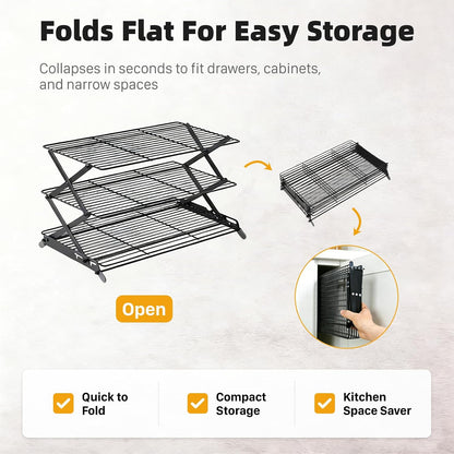 3-Tier Collapsible Cooling Rack, Adjustable Wire Baking Rack, Black