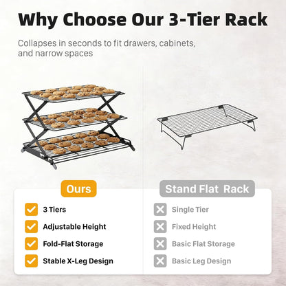 3-Tier Collapsible Cooling Rack, Adjustable Wire Baking Rack, Black