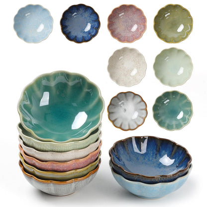 Ceramic Dipping Bowls Set of 8, 3 oz Sauce Cups, Chrysanthemum Round Small Side Dish for Sushi, Tomato, Soy Sauce, Condiment Finger Bowls