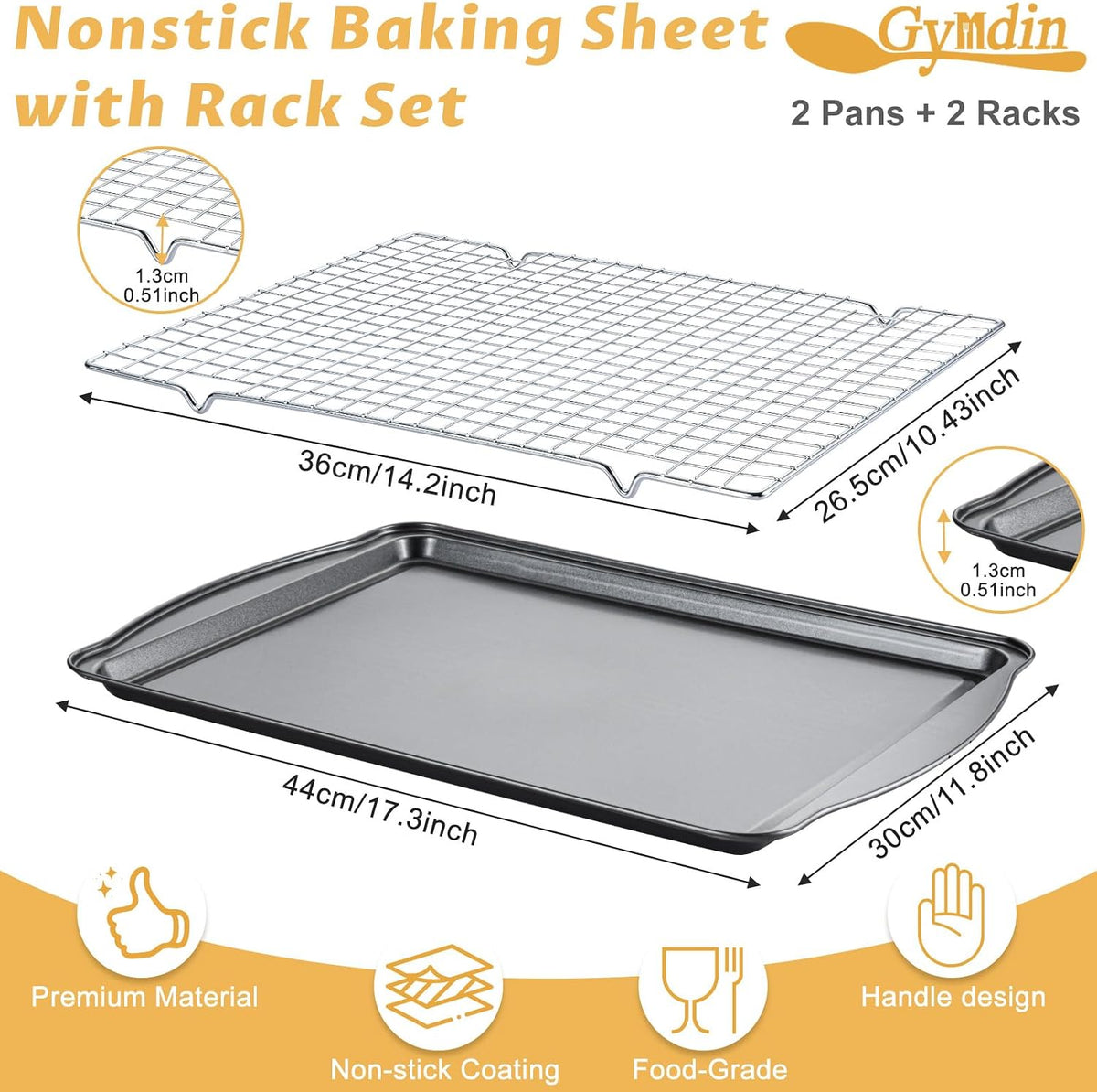Baking Sheet with Cooling Racks - 17'' x 11" x 0.5" Carbon Steel Cookie Sheets for Baking [2 Sheets + 2 Racks], Nonstick Baking Pans, Perfect for Baking, Roasting, and More