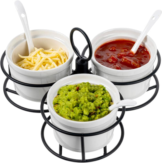 MyGift 10 Pc Set Ceramic Ramekin Condiment Dip Bowl with Lids and Spoons and Deluxe Modern Black Metal Wire Serving Rack for Sauces and Condiments