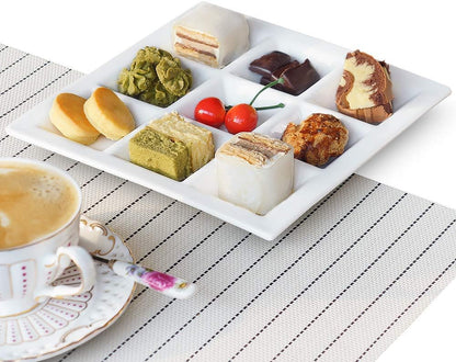 Cinf Ceramic Divided Plate, 9-Section Snack Tray with Sauce Compartments