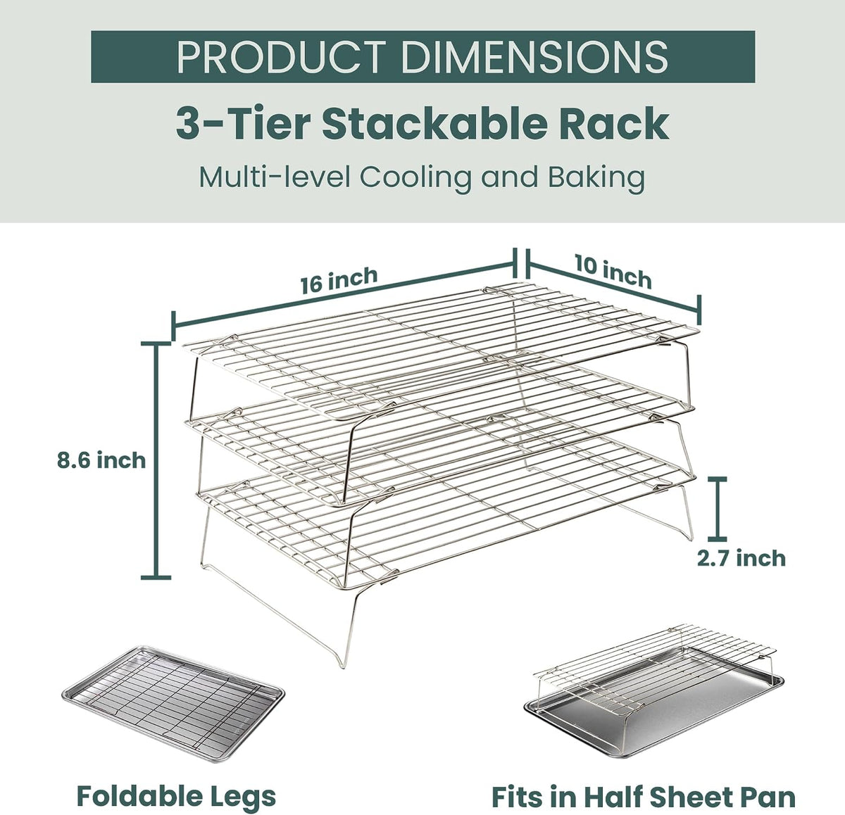 Ultra Cuisine Durable 3 Tiers Stackable, 16" x 10" Cooling Rack for Baking
