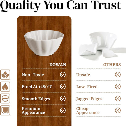 DOWAN Porcelain Ramekins - Oven Safe Serving Bowls for Souffle, Creme Brulee and Dipping Sauces, Flower Shape Ramekins for Baking (4OZ, White)