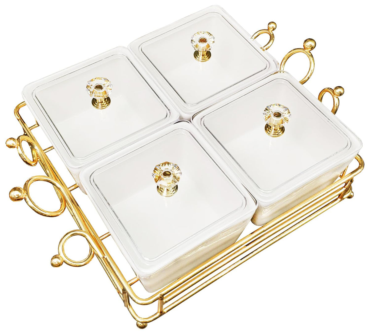 YA JU Ceramic Bowls and with Lid Gold Basket Trays, 3 Removable Small Bowls Condiment Trays Nut Serving Set for Snacks, Fruits, Candy and Condiments - Great for Parties, Holiday Gifts, White