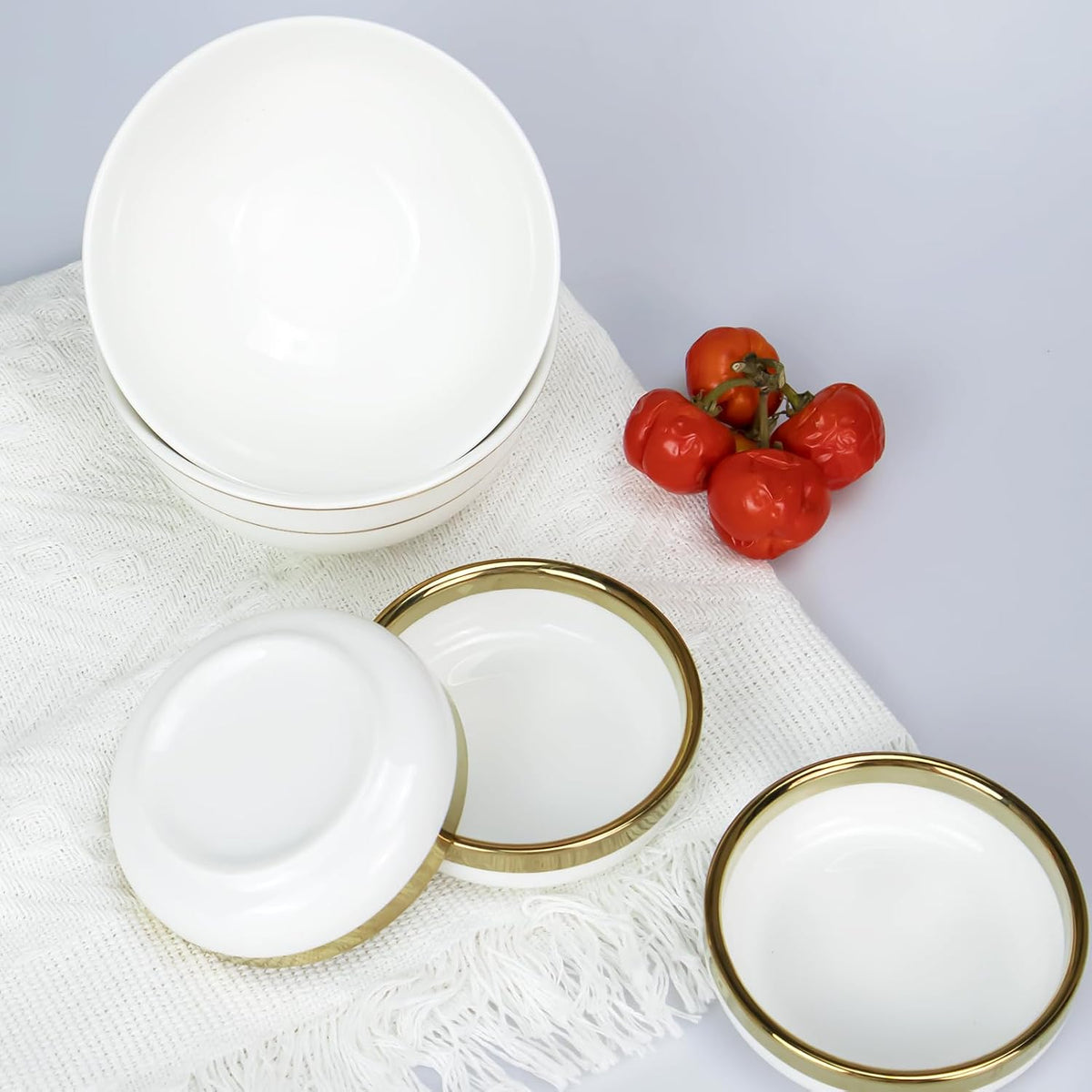 3.4-Inch Porcelain Ceramic Dipping Bowls Set of 6 - White Sauce Dishes with Gold Trim for Soy Sauce, Sushi, Olive Oil, Condiment, Salsa & Dips | Dishwasher Safe Ramekins