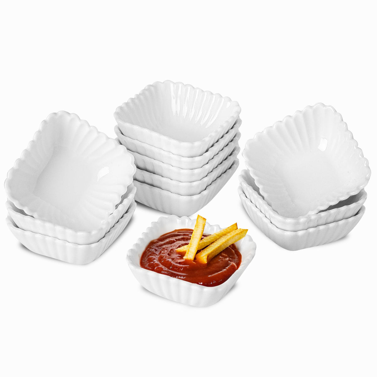 UIBFCWN 20Pack Ceramic Dip Bowls Set, 2.3oz White Dipping Sauce Bowls/Dishes for Tomato Sauce, Soy Sauce Dish, Square Side Dishes, Mini Appetizer Plates for Condiment