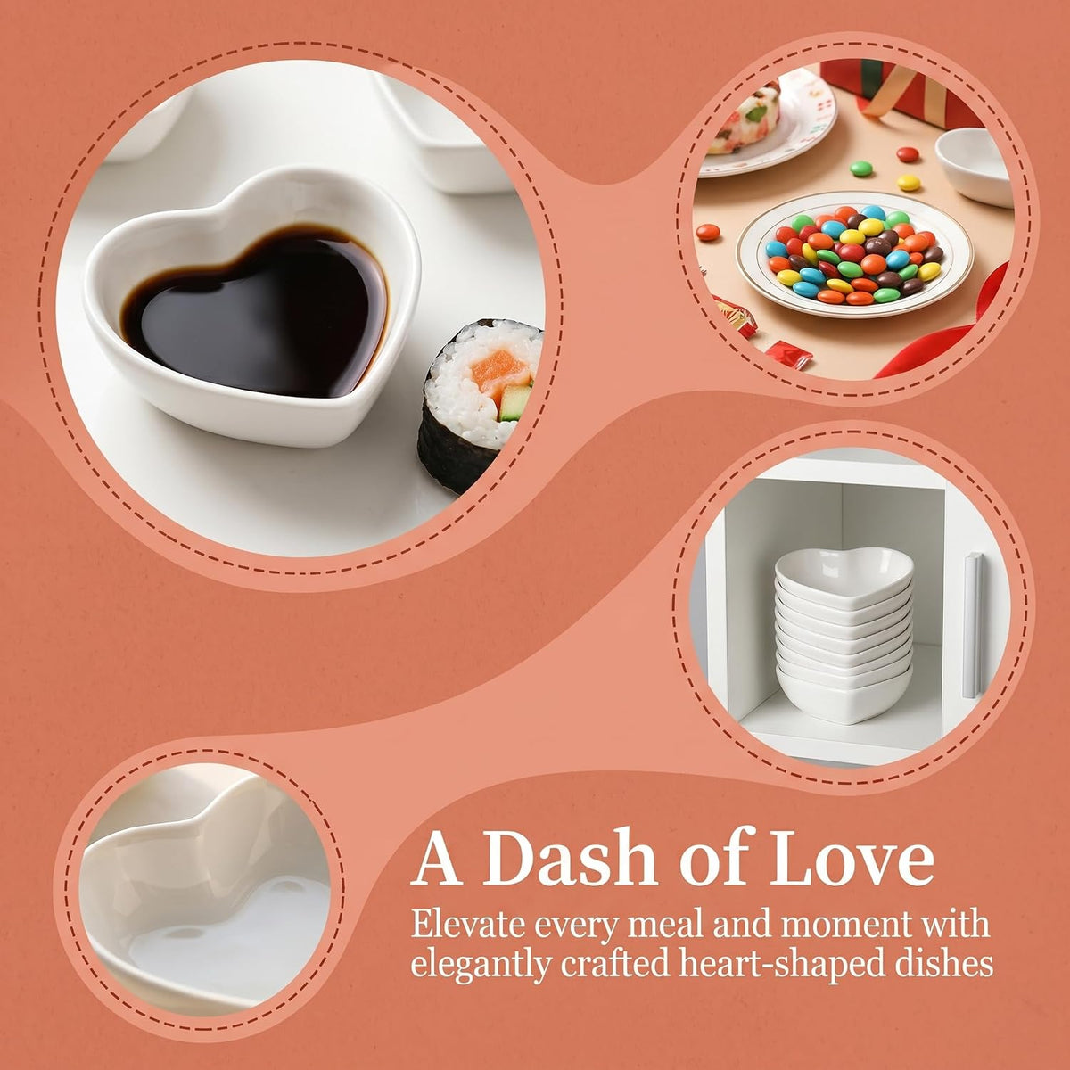 WUWEOT 24 Pack Porcelain Sauce Dish, White Heart-shaped Dip Bowls, 1.5Oz Ceramic Ring Dishes Candle Tray, Seasoning Dishes Appetizer Plates
