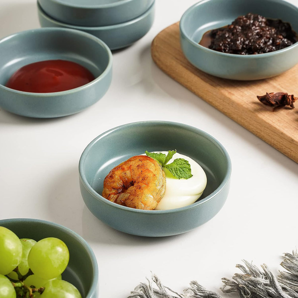 Selamica Ceramic 3.3 Inch Soy Sauce Dish Dipping Bowls Side Dishes Small Appetizer Pinch Bowls for Condiments, Sushi, Ketchup, BBQ-Set of 6 (Matte Blue)