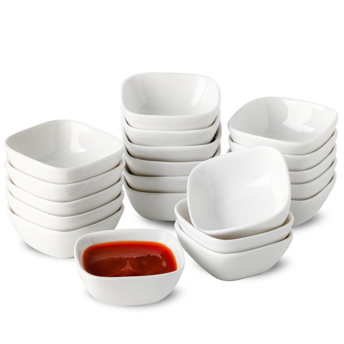 UIBFCWN 20Pack Ceramic Dip Bowls Set, 2.3oz White Dipping Sauce Bowls/Dishes for Tomato Sauce, Soy Sauce Dish, Square Side Dishes, Mini Appetizer Plates for Condiment