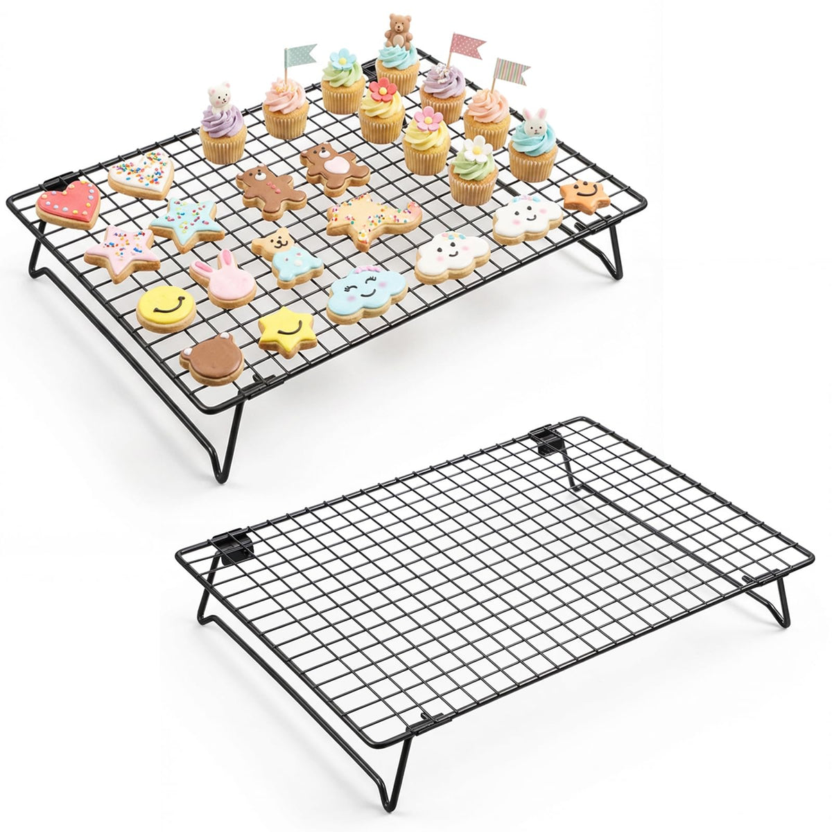 Kifmurase 3PCS Stackable Cooling Rack for Baking, 13.3 x 9.3 Inch Carbon Steel Wire Rack with Folding Legs for Cookie Cake Pizza Jerky, Multi-Use Bread Oven Racks for Cooking Roasting Drying Grilling