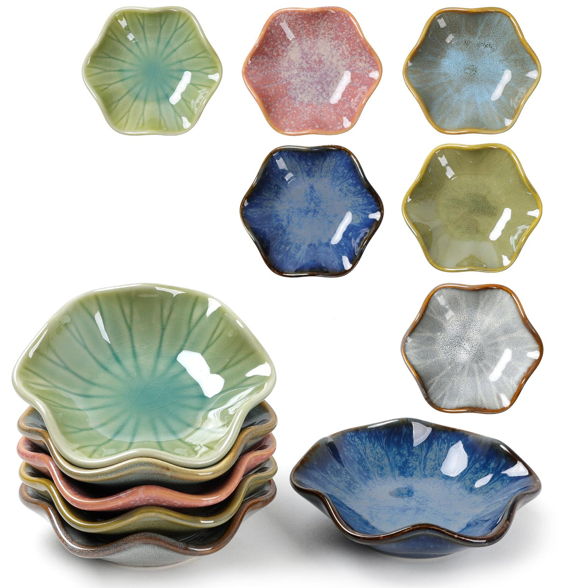 Ceramic Dipping Bowls Set of 8, 3 oz Sauce Cups, Chrysanthemum Round Small Side Dish for Sushi, Tomato, Soy Sauce, Condiment Finger Bowls