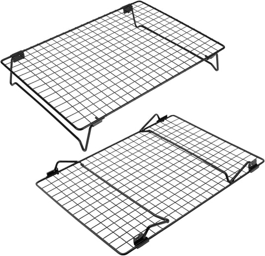 QWORK Stackable Cooling Racks for Baking and Cooking, 2 Pack 13.4x9.4 Inch Nonstick Carbon Steel Wire Rack, Foldable Cooling Rack