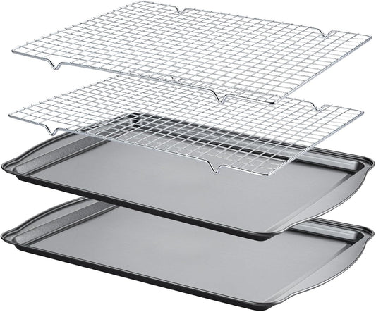 Baking Sheet with Cooling Racks - 17'' x 11" x 0.5" Carbon Steel Cookie Sheets for Baking [2 Sheets + 2 Racks], Nonstick Baking Pans, Perfect for Baking, Roasting, and More