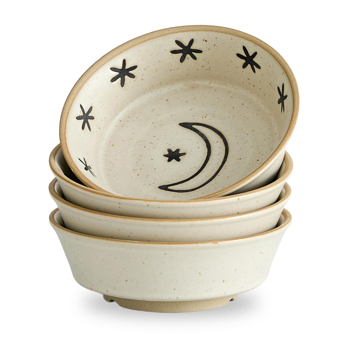 Stoneware Dipping Sauce Side Dishes Set of 4-3.7" Rustic Condiment Bowls - Handcrafted Ceramic Appetizer Plates for Sushi Soy, Charcuterie,Snack, Cheese Boards(Moon)